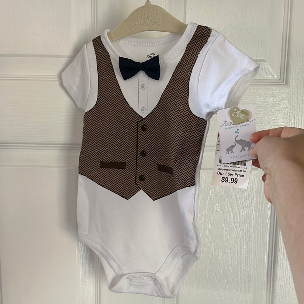 Baby Onesie with Brown Vest and Bow Tie